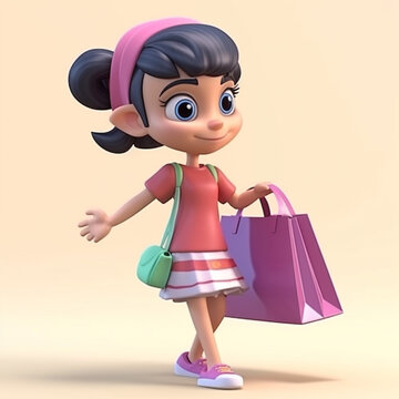 Cartoon girl carrying shopping bag, shopping concept.