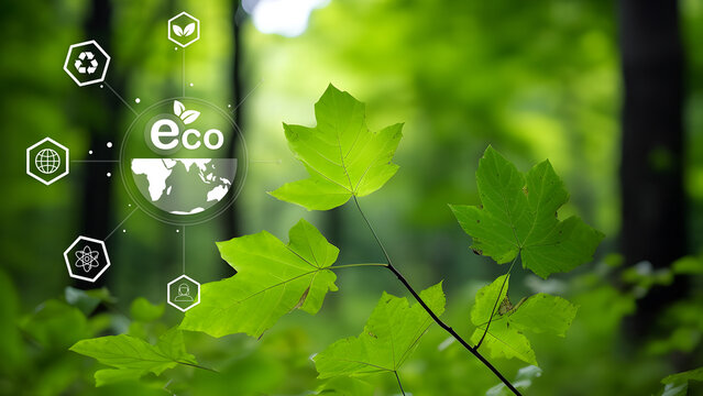 Graphic icon and globe with natural green forest background, ECO-ecological concept, environmental protection. Energy reduction and recycling, zero waste, zero carbon, climate neutrality approach.