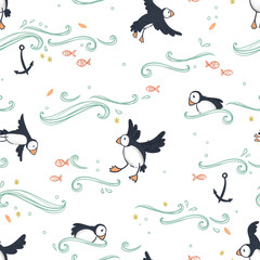 Cute hand drawn puffin seamless pattern, lovely doodle birds background, great for textiles, banners, wallpapers - vector design