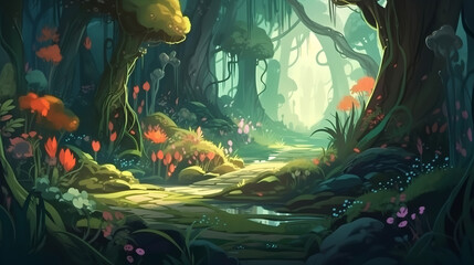 Fototapeta na wymiar The Mystery Forest with Plants and Flowers and wildlife. Realistic Fantastic Cartoon Style Artwork Scene, Wallpaper, Story Background, Card Design