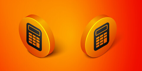 Isometric Calculator icon isolated on orange background. Accounting symbol. Business calculations mathematics education and finance. Orange circle button. Vector