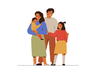 Happy family with children, mother and father stand together. Two parents with their kids embrace with love and care. Family friendly and unity concept. Vector illustration