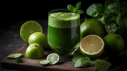 Fototapeta premium A Vibrant Green Smoothie with Spinach, Banana, and Pineapple - A Delicious and Healthy Way to Start Your Day!, generative AI