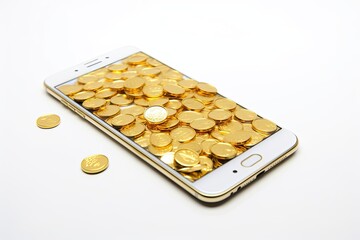 Phone with gold coins on the screen is isolated on a white background. Generative ai.