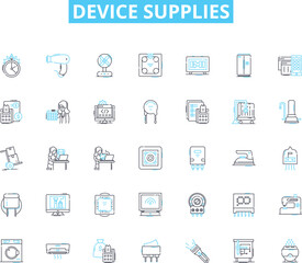 Device supplies linear icons set. Adapters, Batteries, Cables, Chargers, Docks, Earphs, Flashlights line vector and concept signs. Gloves,Headphs,Hubs outline illustrations
