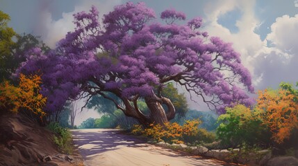 landscape illustration, purple flower tree beside countryside road, idea for home wall art decor picture,  Generative Ai