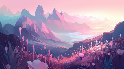 Naklejka premium landscape illustration, pink purple valley mountain, Generative Ai