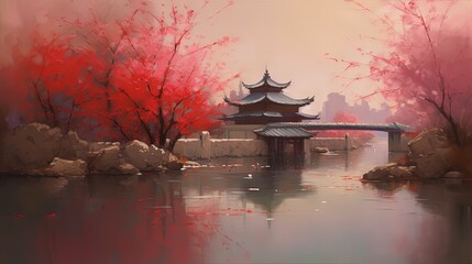 Obraz premium illustration of ancient Asian building in park, Generative Ai