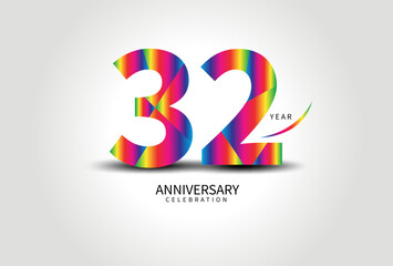32 Year Anniversary Celebration Logo colorful vector, 32 Number Design, 32th Birthday Logo, Logotype Number, Vector Anniversary For Celebration, Invitation Card, Greeting Card. logo number Anniversary