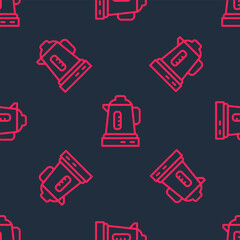 Red line Electric kettle icon isolated seamless pattern on black background. Teapot icon. Vector