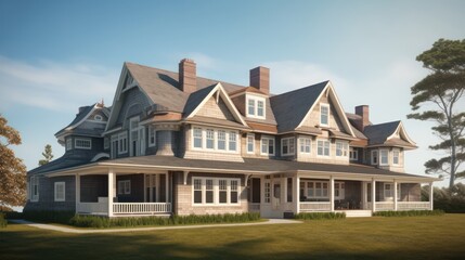 Shingle exterior house design in daytime golden hour generative ai
