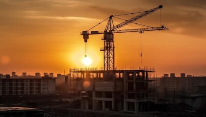Tower cranes at construction site in city background. Generative AI 