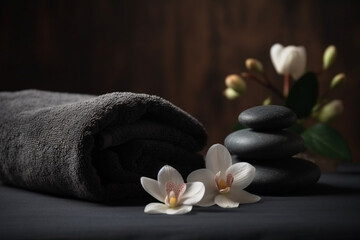 Fototapeta na wymiar Spa still life with towels and orchid flower on dark background Generative ai