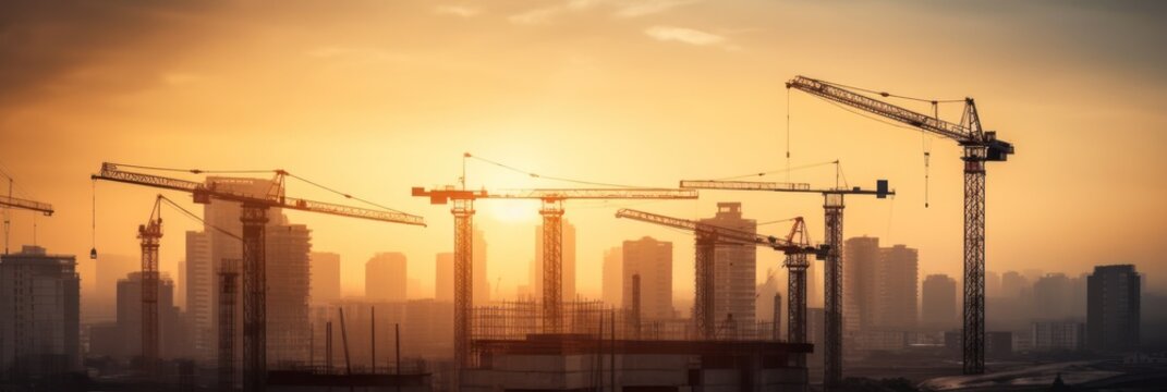 Tower cranes at construction site in city background. Generative AI 