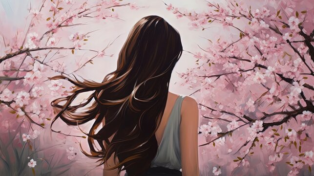 illustration of back view beautiful woman walking on cherry blossom garden, Generative Ai