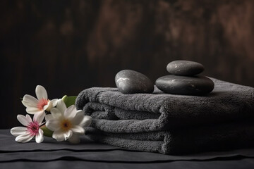 Spa still life with towels and orchid flower on dark background Generative ai