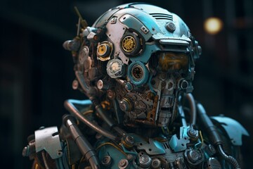 Fototapeta na wymiar A character with mechanical parts on body & head in cartoon style. Generative AI