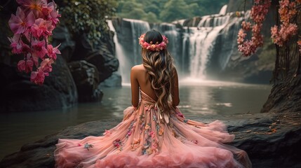 Fototapeta na wymiar beautiful woman wearing pink bridal gawn standing at waterfall at middle forest, Generative Ai