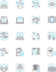 Fototapeta na wymiar Data research linear icons set. Analytics, Big data, Clustering, Correlation, Data mining, Descriptive, Empirical line vector and concept signs. Experiment,Forecasting,Gathering outline illustrations
