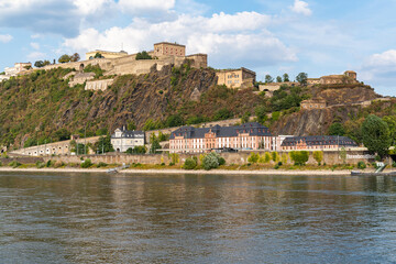 Fototapeta na wymiar View of Ehrenbreitstein Fortress above the Rhine River, Koblenz most popular historic landmark, Germany