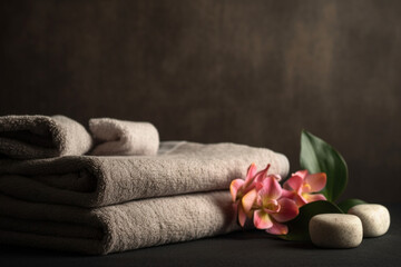 Obraz na płótnie Canvas Spa still life with towels and orchid flower on dark background Generative ai