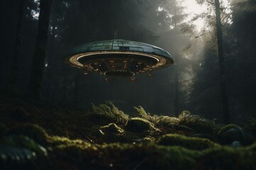 Mossy UFO hovers above damp woods. Generative AI