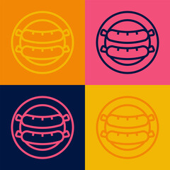 Pop art line Sausage icon isolated on color background. Grilled sausage and aroma sign. Vector