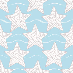 Starfish vector seamless pattern. Sea beach line doodle summer print for fabric, paper, wrap