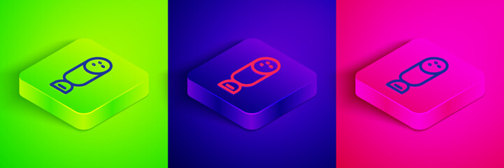 Isometric line Salami sausage icon isolated on green, blue and pink background. Meat delicatessen product. Square button. Vector