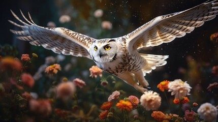 Stunning illustration of flying owl on spring field full of bright wild flowers. Forest bird portrait. Splash screen or sketchbook cover template. Outdoor background. AI generative image.