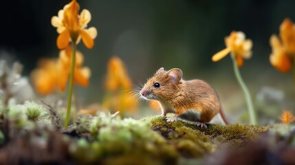 Cute mouse with spring fresh flowers in the deep forest. Wild nature outdoor background with copy space. Generated with AI.