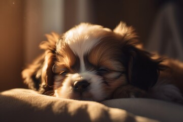 Cute little puppies sleeping on plaid, cozy indoor bedroom background. Happy dogs having a nap. Generated with AI.