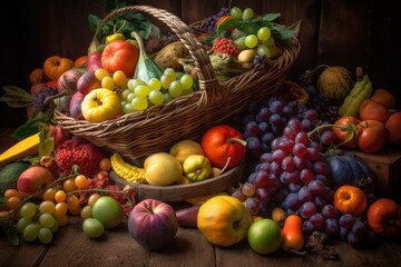 Naklejka na ściany i meble Cornucopia overflowing with seasonal fruits and vegetables. The scene set in with a rustic basket adding to the harvest theme. Generative AI
