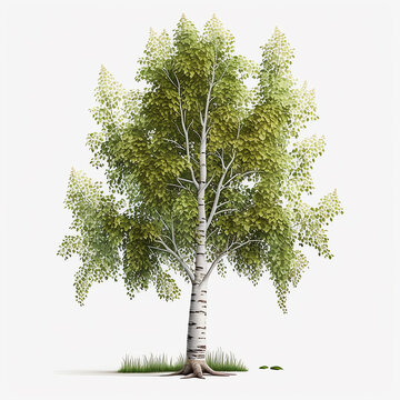 Beautiful birch single tree isolated white background AI Generated image