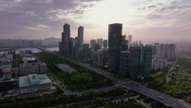 Drone View of Seoul city in South Korea, Sunrise in Yeouido Financial District