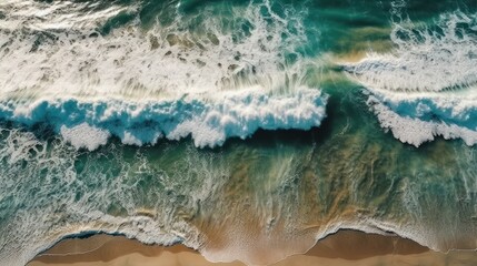 Fototapeta premium Ocean waves on the beach as background. Top down view of the beach and sea. Generative AI 