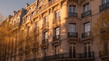 Fototapeta na wymiar Haussmann exterior house design in daytime golden hour generative ai