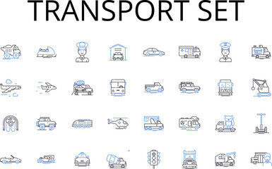 Transport set line icons collection. Health kit, Travel bag, Entertainment pack, Office statiry, Cooking utensils, Fitness equipment, Art supplies vector and linear illustration. Camping gear,Beauty