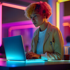 Creative woman on a laptop with neon lights in background