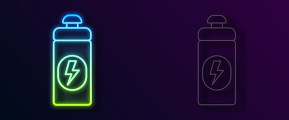 Glowing neon line Fitness shaker icon isolated on black background. Sports shaker bottle with lid for water and protein cocktails. Vector