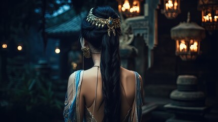 Fototapeta premium woman cosplay back view portrait of beautiful Asian princess in palace at night time, Generative Ai