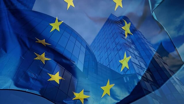 EU flag close up, slow motion. Brussels, Belgium. 4K
