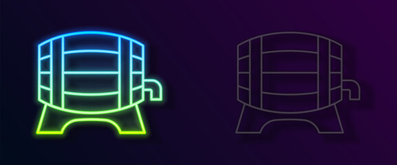 Glowing neon line Wooden barrel on rack with stopcock icon isolated on black background. Vector