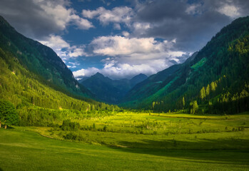 Scenic mountain landscape with beautiful valley and mountain peaks