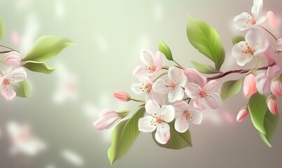 Background with spring apple blossom, Blossoming branch in springtime with falling petals, generative AI