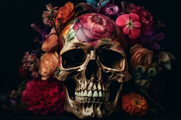 Flower skull art with beautiful blooms. Generative AI