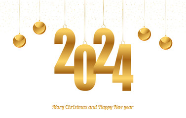 2024 golden decoration holiday on white background. Happy New Year holiday, shiny party background.