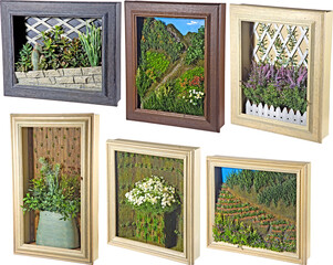 Wooden frames with relief landscapes with transparent png background