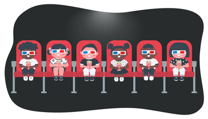 Little children watch movie in a cinema. Boys and girls with popcorn sit in red chairs. Vector illustration