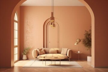 3D rendering of a modern, warm-toned empty living room with an arch pattern wall background for mock-up use. Generative AI